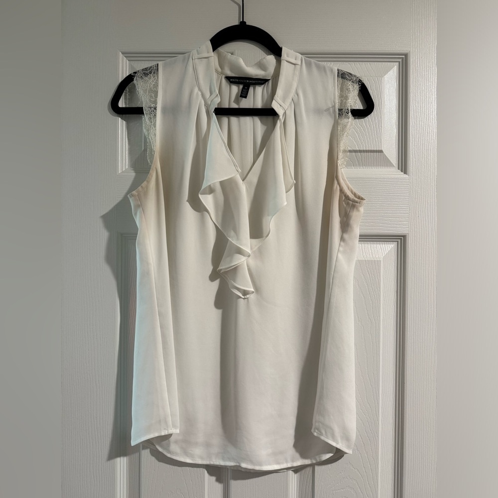 White House Black Market - White Sleeveless Lace Blouse with Ruching - Size M